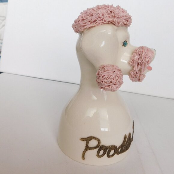 VTG Ceramic Poodle Bank with Rhinestone Eyes Spaghetti Pink Hair Signed - Picture 4 of 7